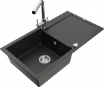 Granitinė virtuvinė plautuvė Mexen Leo su mai&scaron;ytuvu ir sifonu, Metallic black/gold+Chrome