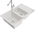 Granitinė virtuvinė plautuvė Mexen Gaspar su mai&scaron;ytuvu ir sifonu, White+Chrome