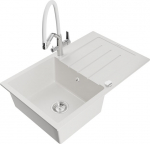 Granitinė virtuvinė plautuvė Mexen Bruno su mai&scaron;ytuvu ir sifonu, White+White/Chrome
