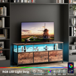 I&scaron;manusis TV stendas, skirtas iki 55 colių televizoriams, 3 audinio stalčiai ir LED ap&scaron;vietimas, 137 cm, svetainei, rudas
