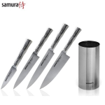 Samura BAMBOO peilių rinkinys 4 vnt. + Universalus nerūdijančio plieno pelių stovas AUS 8 Japan 59 HRC