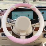 Stilingas ir lengvas vairo užvalkalas - neslystantis, spalvotas dizainas su vidiniu žiedu tvirtumui - dirbtinės odos automobilio interjero aksesuaras. , Rožinė ir balta - apvalus (odinis lokys mažos ausytės) mėlynas lietus