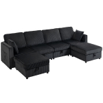 Kampinė sofa 4 vietų U formos su daiktadėže pufe 306x153x85 cm tamsiai pilka/juoda