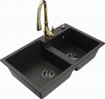 Granitinė virtuvinė plautuvė Mexen Tomas su mai&scaron;ytuvu ir sifonu, Metallic black/gold/Gold