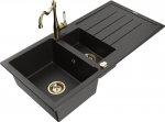 Granitinė virtuvinė plautuvė Mexen Andres su mai&scaron;ytuvu ir sifonu, Metallic black/gold