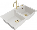Granitinė virtuvinė plautuvė Mexen Tomas su mai&scaron;ytuvu ir sifonu, White/Gold
