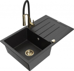 Granitinė virtuvinė plautuvė Mexen Bruno su mai&scaron;ytuvu ir sifonu, Metallic black/silver/black/gold