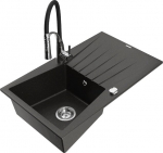 Granitinė virtuvinė plautuvė Mexen Cesar su mai&scaron;ytuvu ir sifonu, Metallic black/gold/black/chrome