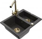 Granitinė virtuvinė plautuvė Mexen Carlos su mai&scaron;ytuvu ir sifonu, Black granite+Gold
