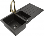 Granitinė virtuvinė plautuvė Mexen Andres su mai&scaron;ytuvu ir sifonu, Metallic black/gold