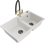 Granitinė virtuvinė plautuvė Mexen Tomas su mai&scaron;ytuvu ir sifonu, White/Black/Gold