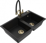 Granitinė virtuvinė plautuvė Mexen Tomas su mai&scaron;ytuvu ir sifonu, Black/Black/Gold