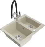 Granitinė virtuvinė plautuvė Mexen Carlos su mai&scaron;ytuvu ir sifonu, Beige+Black/Chrome