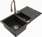 Granitinė virtuvinė plautuvė Mexen Matias su mai&scaron;ytuvu ir sifonu, Metallic black/Gold