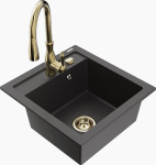 Granitinė virtuvinė plautuvė Mexen Vito su mai&scaron;ytuvu ir sifonu, Black granite+Gold