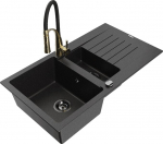 Granitinė virtuvinė plautuvė Mexen Matias su mai&scaron;ytuvu ir sifonu, Metallic black/Silver/Black/Gold
