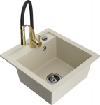 Granitinė virtuvinė plautuvė Mexen Vito su mai&scaron;ytuvu ir sifonu, Beige/Black/Gold
