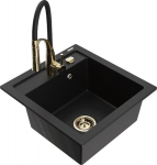 Granitinė virtuvinė plautuvė Mexen Vito su mai&scaron;ytuvu ir sifonu, Black+Black/Gold