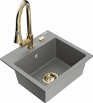 Granitinė virtuvinė plautuvė Mexen Milo su mai&scaron;ytuvu ir sifonu, Grey/Gold