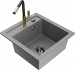 Granitinė virtuvinė plautuvė Mexen Vito su mai&scaron;ytuvu ir sifonu, Grey+Black/Gold
