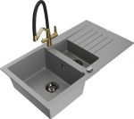 Granitinė virtuvinė plautuvė Mexen Matias su mai&scaron;ytuvu ir sifonu, Grey/Black/Gold
