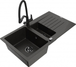 Granitinė virtuvinė plautuvė Mexen Matias su mai&scaron;ytuvu ir sifonu, Metallic black/gold/black