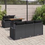 6 dalių sodo sofa rinkinys su pagalvėlėmis Juodas Poli ratanas Akacijos,2 vietų sodo sofa su pagalvėlėmis Juodas Poli ratanas