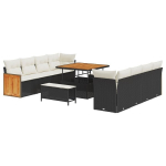 11 dalių sodo sofų komplektas su pagalvėlėmis Juoda Poli Ratanas Akacija,2 vietų sodo sofa su pagalvėlėmis Juoda Poli Ratanas,3 dalių sodo valgomojo komplektas su pagalvėlėmis Juoda Poli Ratanas Akacija