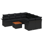9 Dalių Sodo Sofa Rinkinys su Pagalvėlėmis Juoda Poliratanas Akacija,2-Vietė Sodo Sofa su Saugojimu ir Pagalvėlėmis Juoda Poliratanas
