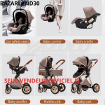 BAZARLAND30. 3-in-1 Kūdikių Vežimėlis Kombinuotas Automobilio Sėdynė Lop&scaron;ys Trio Keičiama Reguliuojama Auk&scaron;tos Kokybės Nepradūrimomis Ratukais. KAKI