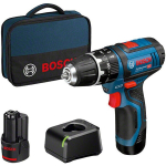 Bosch Professional GSB 12V-15 smūginis gręžtuvas + 2 akumuliatoriai 2,0Ah + Įkroviklis AL 12V-20 - 06019B690H