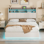 Hidraulinė mink&scaron;ta lova 140&times;200 cm su patalynės dėže, LED ir USB, balta