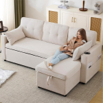 L formos sofa, su miegojimo funkcija, sofa-lova, poilsio fotelis, Balta