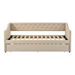 I&scaron;traukiama miegamoji sofa 90&times;200 cm su grotelėmis, mink&scaron;ta sofa lova su porankiais ir lino audiniu, smėlio spalvos