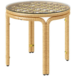 Polyrattan &scaron;oninis staliukas su stiklo plok&scaron;te, ratas, geltonas, svetainė, sodas, terasa, balkonas, &Oslash;50 cm