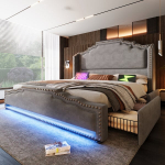 Dvigulė mink&scaron;ta lova su LED USB-C ir 4 stalčiais 180x200 cm pilka be čiužinio 1 vnt
