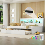 Dieninė lova 140x200 su i&scaron;traukiama lova, USB ir lizdu balta