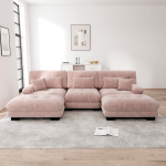 Modulinė U formos sofa su ottomanu, chenille audinys, rožinė