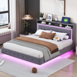 Dviejų vietų lova 160x200 cm, su USB, LED ap&scaron;vietimu ir paslėptu kojų dizainu, lino audinys, pilka