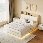 Lova 140x190cm su LED ir USB jungtimis，Galvūgalis su daiktadėže，PU，Balta