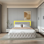 Mink&scaron;ta dvigulė lova 140&times;200 cm su hidrauliniu daiktų laikymu ir LED ap&scaron;vietimu &ndash; aksominė lova su pamink&scaron;tintu galvūgaliu, smėlio spalva