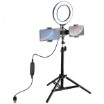 Žiedinė lempa LED 16 cm, su trikoju stovu iki 70 cm ir dvigubu telefono laikikliu, USB