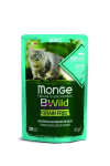 Monge Bwild Cat Pouches Grain suaugusioms katėms su menke, krevetėmis ir daržovėmis, 85 g