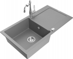 Granitinė virtuvinė plautuvė Mexen Leo su mai&scaron;ytuvu ir sifonu, Grey+Chrome