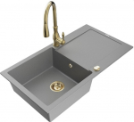 Granitinė virtuvinė plautuvė Mexen Leo su mai&scaron;ytuvu ir sifonu, Grey+Gold