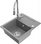 Granitinė virtuvinė plautuvė Mexen Enzo su mai&scaron;ytuvu ir sifonu, Grey+Chrome