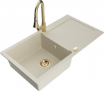 Granitinė virtuvinė plautuvė Mexen Leo su mai&scaron;ytuvu ir sifonu, Beige+Gold