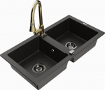 Granitinė virtuvinė plautuvė Mexen Mario su mai&scaron;ytuvu ir sifonu, Metallic black/gold+Gold