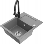 Granitinė virtuvinė plautuvė Mexen Enzo su mai&scaron;ytuvu ir sifonu, Grey+Black