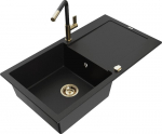 Granitinė virtuvinė plautuvė Mexen Leo su mai&scaron;ytuvu ir sifonu, Black+Black/Gold